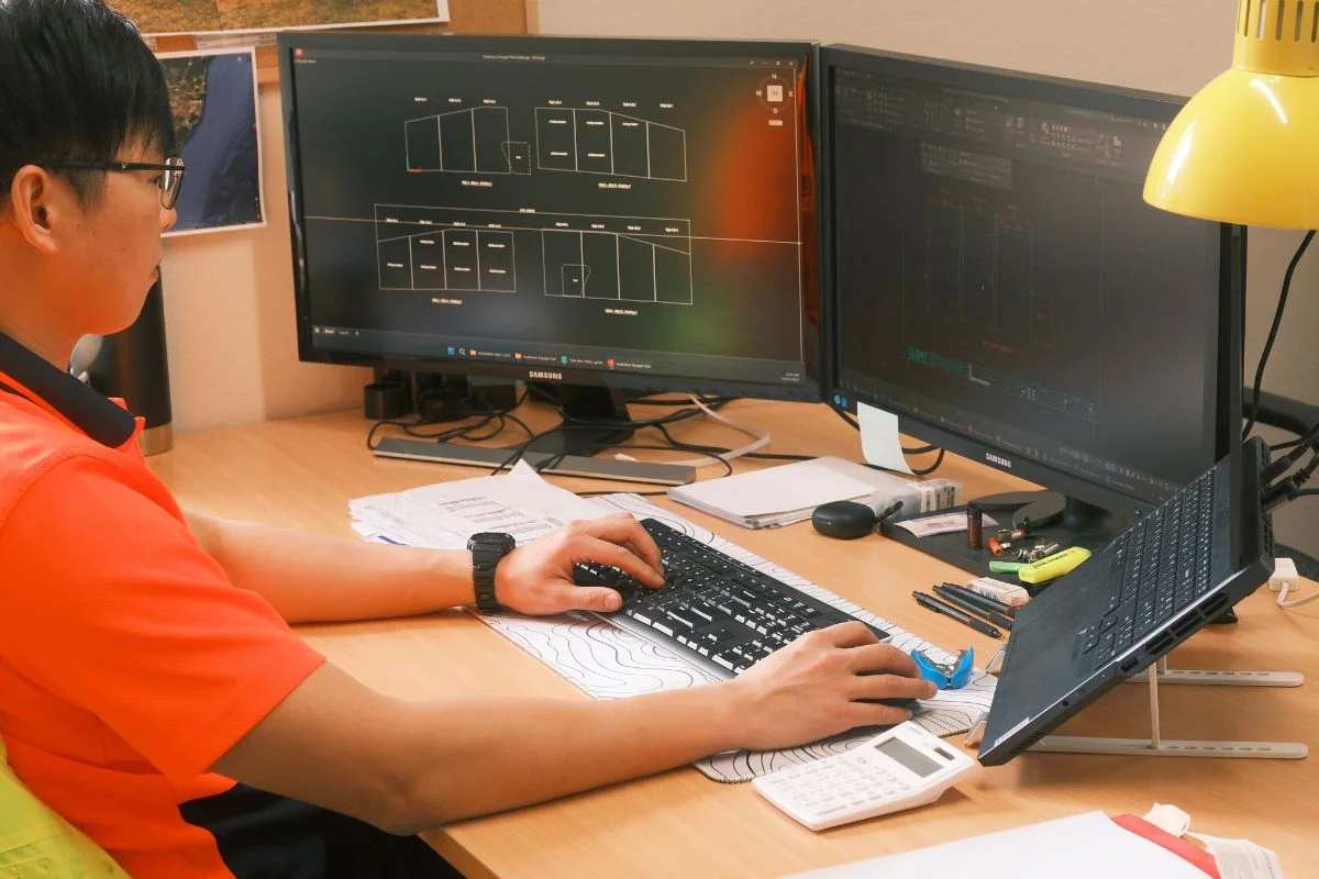 Engineer working on CAD drawings across dual monitors at a desk