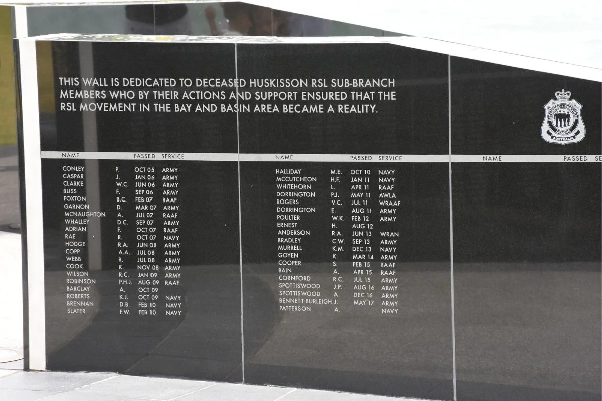 Memorial wall listing names of deceased Huskisson RSL members