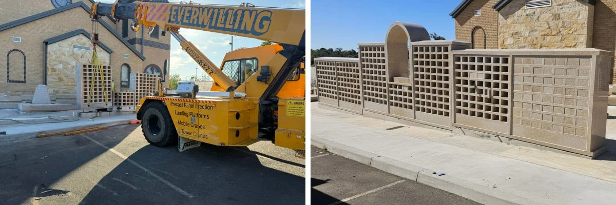 Mobile crane installing memorial columbarium structures outside a church