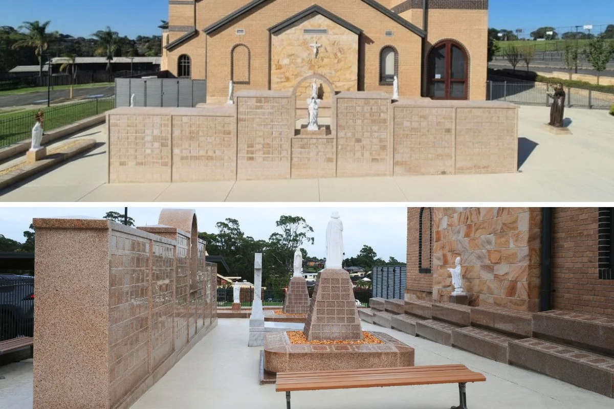 Church building with an outdoor memorial columbarium and commemorative statues