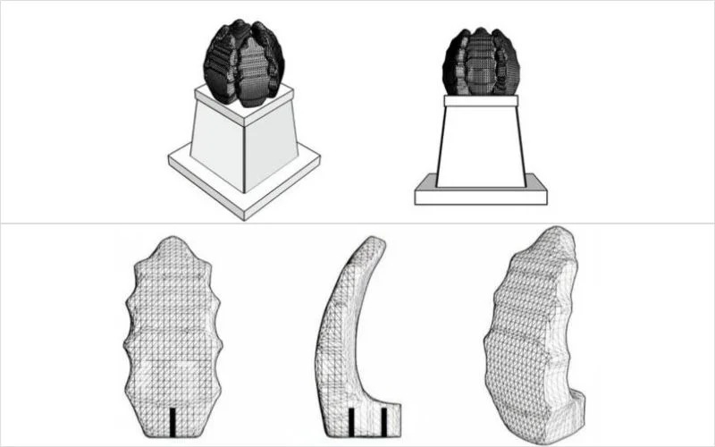 Technical 3D wireframe drawings showing the design phase of a flower-shaped monument.