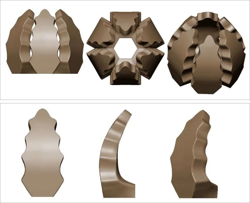 A 3D digital rendering of a six-petaled flower monument in a solid bronze or brown material.