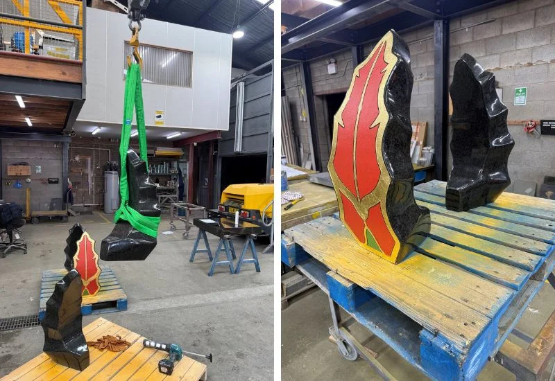 A multi-panel photo collage capturing the outdoor installation of the monument.