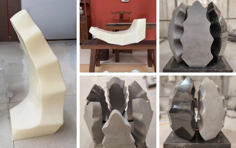 A grid of five prototype and manufacturing photographs.