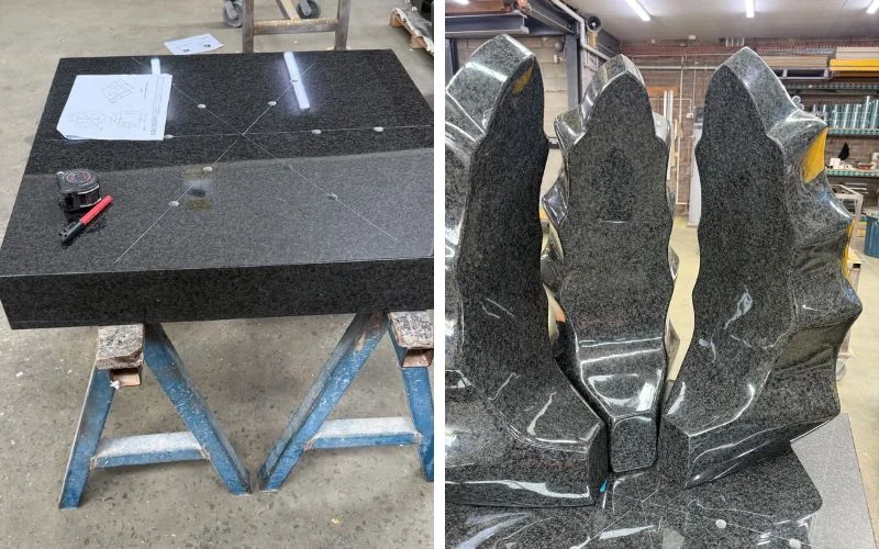 A split-screen image showing the finishing process of polished black granite petals inside a workshop.